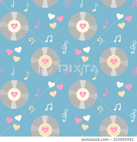 Vintage vinyl record, music notes and hearts seamless pattern. Pastel wrapping paper or fabric template. 103095042
