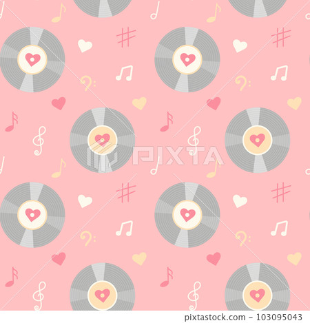 Vintage vinyl record, music notes and hearts seamless pattern. Pastel wrapping paper or fabric template. 103095043