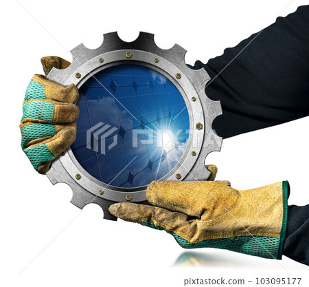 Gloved Hands Holding a Metallic Cogwheel with a Solar Panel Inside 103095177