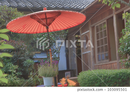 traditional red umbrella in garden for green tea ceremony traditional red umbrella in garden for green tea ceremony 103095501