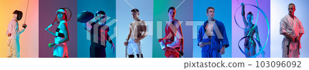 Collage with image of professional sport player, women and men in sportswear fencing, tennis, fitness, martial arts, gymnastics, skating on multicolor neon background Collage with image of professional sport player, women and men in sportswear fencing, tennis, fitness, martial arts, gymnastics, skating on multicolor neon background 103096092