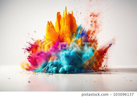 The vibrant and playful colors of a powder explosion against a white background create a beautiful and abstract design that is both exciting and festive. This image is AI generative. 103096137