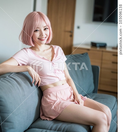 [AI圖像]坐在沙發上微笑的美女② 103096138