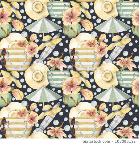 Hand drawn watercolor beach bag with hibiscus flower, sun hat, cocktail umbrella Seamless pattern. Isolated on color background. Wall art, wedding, print, fabric, cover, card, tourism, travel booklet. 103096152