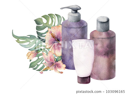 Hand drawn watercolor spa skincare bath beauty products package flowers. Horizontal composition Isolated on white background. Design for wall art, wellness resort, print, fabric, cover, card, booklet. 103096165