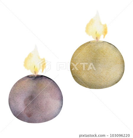 Hand drawn watercolor assorted candles lit with flames. Votives, balls, tea lights, pillars. Isolated object on white background. Design for wellness resort, print, fabric, cover, card, booklet. 103096220