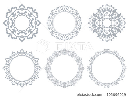 Set of decorative frames Elegant vector element for design in Eastern style, place for text. Floral gray and white borders. Lace illustration for invitations and greeting cards Set of decorative frames Elegant vector element for design in Eastern style, place for text. Floral gray and white borders. Lace illustration for invitations and greeting cards 103096919
