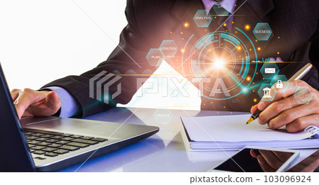 Stock market or forex trading graph and candlestick chart suitable for financial investment concept. Economy trends background for business idea and all art work design. Abstract finance background.. 103096924