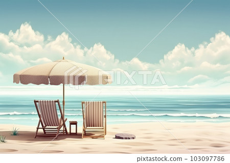 A tropical beach paradise with two chairs and an umbrella, inviting you to relaxation and tranquility is AI Generative. A tropical beach paradise with two chairs and an umbrella, inviting you to relaxation and tranquility is AI Generative. 103097786