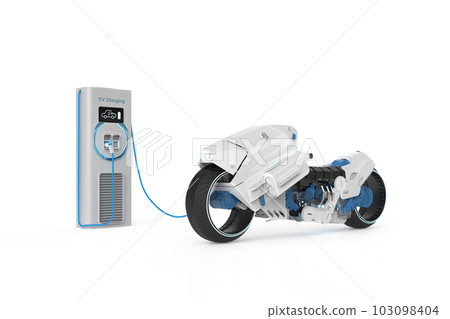 White ev motorbike or electric bike plug in with recharging station 103098404