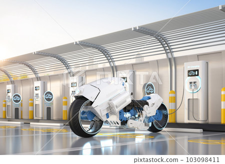 White ev motorbike or electric bike plug in with recharging station White ev motorbike or electric bike plug in with recharging station 103098411