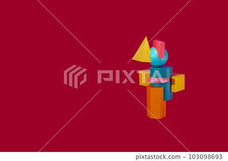 Geometric shapes, ball, cone, cylinder and more on a bright background. Creative concept, 3D render 103098693