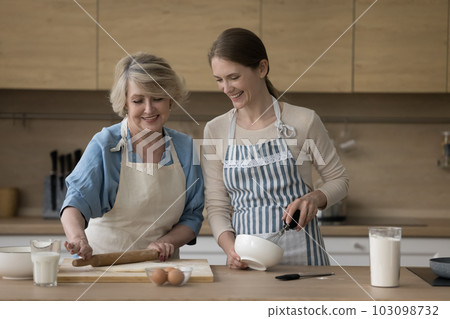 Millennial 35s woman prepare homemade pastries with mature mother Millennial 35s woman prepare homemade pastries with mature mother 103098732