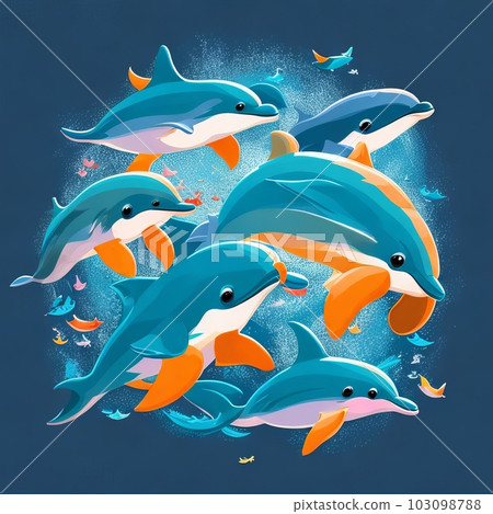 A group of dolphins swimming together in harmony can create a captivating and joyful t-shirt design. Generative AI. 103098788
