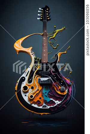 Electric Guitar in Fluid Colors and Abstract Music Background with Liquid Color Paints. Generative AI. Electric Guitar in Fluid Colors and Abstract Music Background with Liquid Color Paints. Generative AI. 103098856