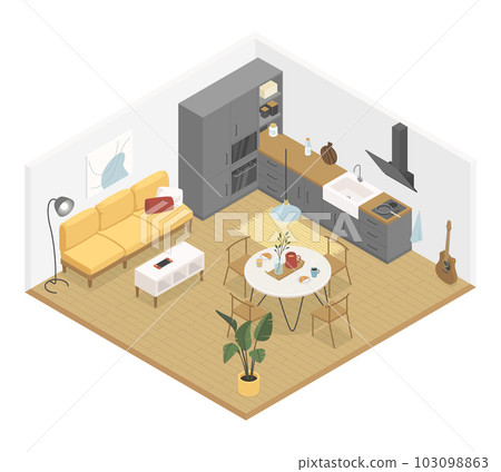 Living room kitchen - modern vector colorful isometric illustration 103098863