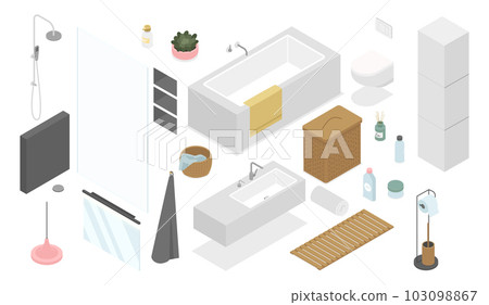 Bathroom furniture - modern vector colorful isometric illustrations set 103098867