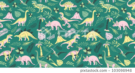 Seamless pattern with bright dinosaurs and green plants including T-rex, Brontosaurus, Triceratops, Velociraptor, Pteranodon, Allosaurus, etc. Isolated on dark background Seamless pattern with bright dinosaurs and green plants including T-rex, Brontosaurus, Triceratops, Velociraptor, Pteranodon, Allosaurus, etc. Isolated on dark background 103098948