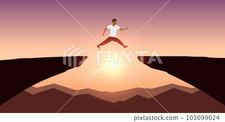 sporty man successful jumping over a cliff on mountain landscape 103099024