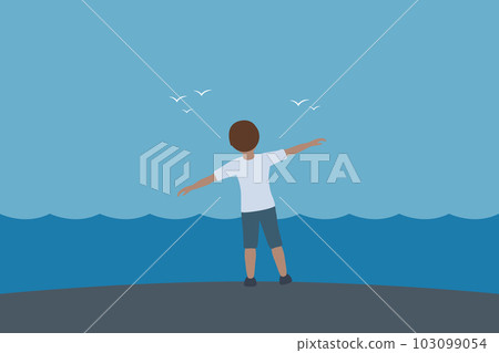 little boy dream about flying with birds in the sky at sunset 103099054