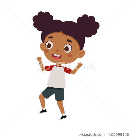 Cute little kid happy girl jump. Cartoon schoolgirl character show facial expression. Vector illustration 103099306