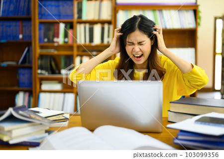 Stressed female college student having serious computer problem or feeling tired of studying for college exam 103099356