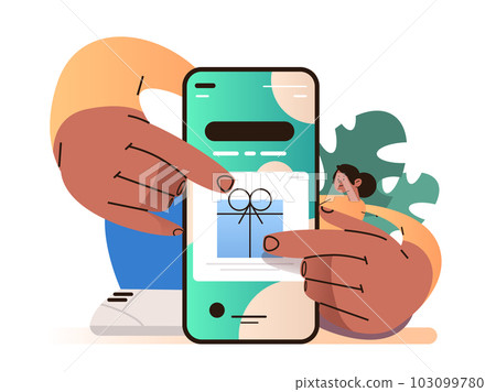 woman access customer loyalty marketing programs and rewards on smartphone screen in mobile app on smartphone screen 103099780