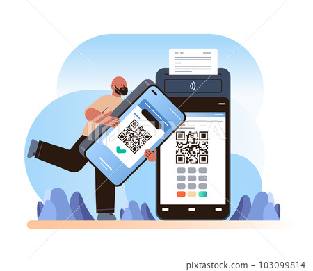 man customer or shopper using mobile app with qr code and pos-terminal to make a payment on smartphone online shopping concept horizontal vector illustration 103099814