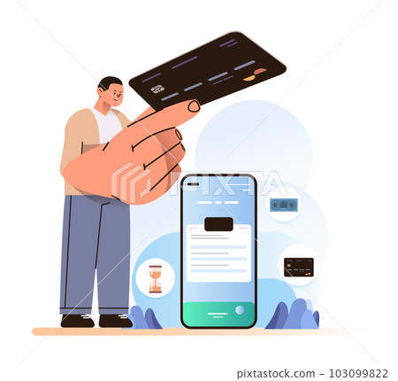 man holding credit card for shopping online guy adding payment details information in mobile app on smartphone screen man holding credit card for shopping online guy adding payment details information in mobile app on smartphone screen 103099822