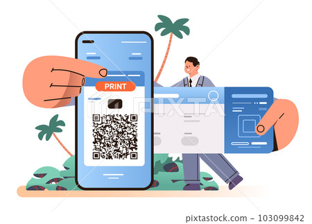 man printing e-tickets via mobile app online booking searching for flight service concept 103099842