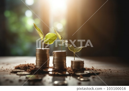 A green plant growing from a pile of coins, symbolizing financial growth and prosperity. This concept represents sustainable investment and savings with the use of AI Generative technology. A green plant growing from a pile of coins, symbolizing financial growth and prosperity. This concept represents sustainable investment and savings with the use of AI Generative technology. 103100016