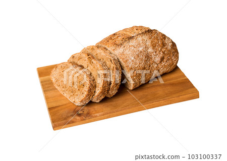 Assortment of freshly sliced baked bread with napkin isolated on white background. Healthy unleavened bread. French bread slice Assortment of freshly sliced baked bread with napkin isolated on white background. Healthy unleavened bread. French bread slice 103100337