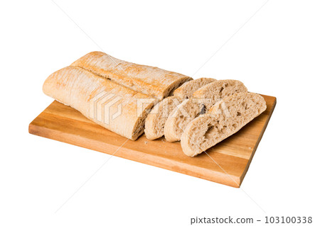 Assortment of freshly sliced baked bread with napkin isolated on white background. Healthy unleavened bread. French bread slice Assortment of freshly sliced baked bread with napkin isolated on white background. Healthy unleavened bread. French bread slice 103100338