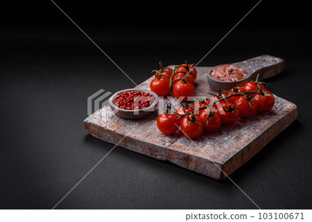 Knife, fork and cutting board, salt, pepper and other ingredients 103100671