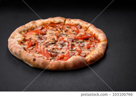 Bavarian pizza with smoked sausages, tomatoes, cheese, salt and spices 103100766
