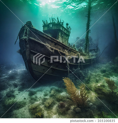 Shipwreck underwater close-up. Generative AI 103100835