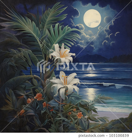 Illustration of the full moon rises over the sea. Generative AI Illustration of the full moon rises over the sea. Generative AI 103100839