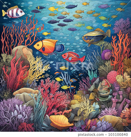 Underwater landscape, coral reef and fishes. Generative AI 103100840