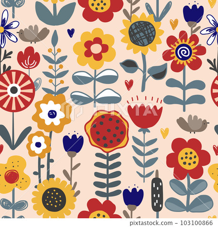Cute hand drawn flowers seamless pattern. Meadow rustic background in Scandinavian style. Design for textile, greetings, wallpapers, wrapping paper, cards. Vector illustration Cute hand drawn flowers seamless pattern. Meadow rustic background in Scandinavian style. Design for textile, greetings, wallpapers, wrapping paper, cards. Vector illustration 103100866
