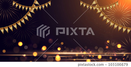 Abstract elegant bokeh and golden flags and flash lights on dark brown background. Celebration party concept. 103100879