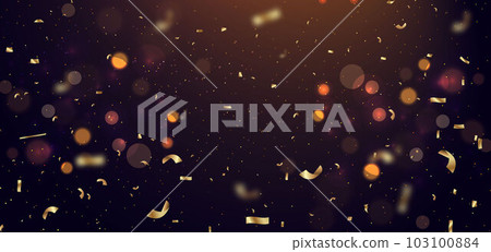 Golden confetti banner and ribbon on dark background and bokeh. Celebration party happy concept. 103100884