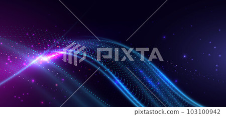 Abstract technology futuristic digital concept wave dot pattern with lighting glowing particles on dark blue background. 103100942
