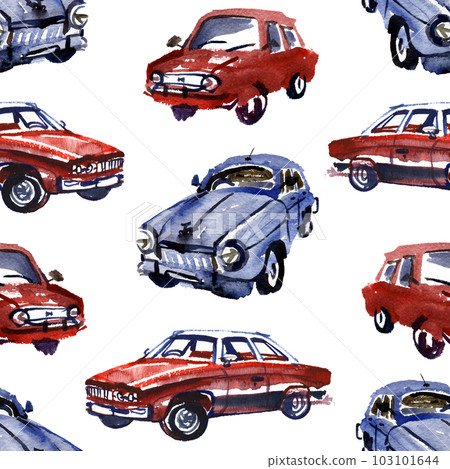 watercolor seamless pattern of different doodle cars on white background. 103101644