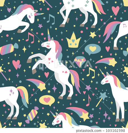 Seamless vector pattern with cute unicorns on a floral background. Ideal for textiles, wallpapers or prints. 103102398