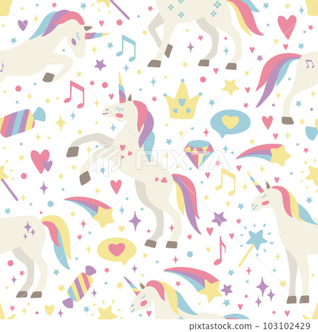 Seamless vector pattern with cute unicorns on a floral background. Ideal for textiles, wallpapers or prints. Seamless vector pattern with cute unicorns on a floral background. Ideal for textiles, wallpapers or prints. 103102429