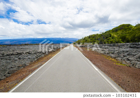Hawaii Island Hawaii Side road from Saddle Road Chilled lava spreading left and right and Mauna Loa seen in the distance 103102431