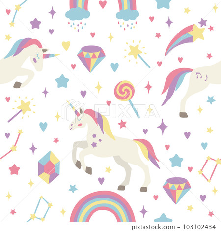 Seamless vector pattern with cute unicorns on a floral background. Ideal for textiles, wallpapers or prints. 103102434