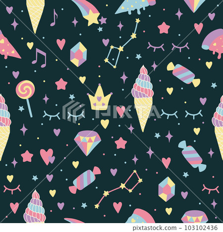 Seamless background with hearts, rainbows, stars, diamonds, crowns. Creative background for nursery. Perfect for kids design, fabric, packaging, wallpaper, textile, apparel. 103102436