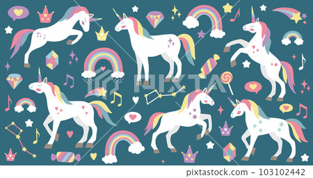 Cute unicorn set. Vector characters for birthday, invitation, baby shower card, kids t-shirts and stickers kit. Hand drawn nursery illustration. Cute unicorn set. Vector characters for birthday, invitation, baby shower card, kids t-shirts and stickers kit. Hand drawn nursery illustration. 103102442