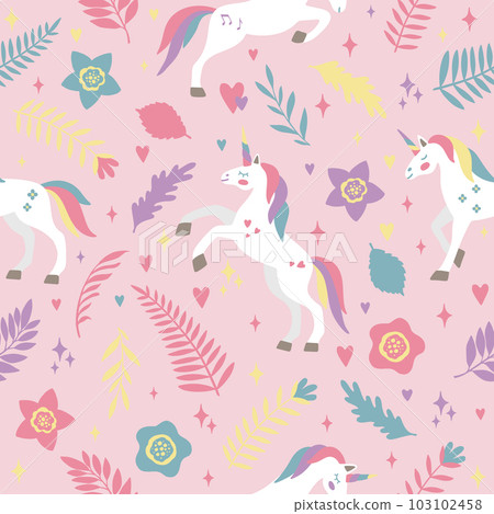 Seamless vector pattern with cute unicorns on a floral background. Ideal for textiles, wallpapers or prints. 103102458